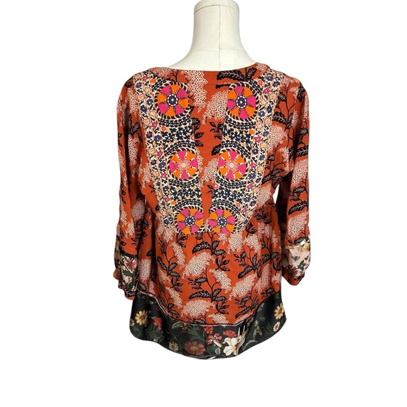 John Mark Orange Artsy Boho Floral Mixed Print Blouse Size Medium Oversized - Picture 5 of 10